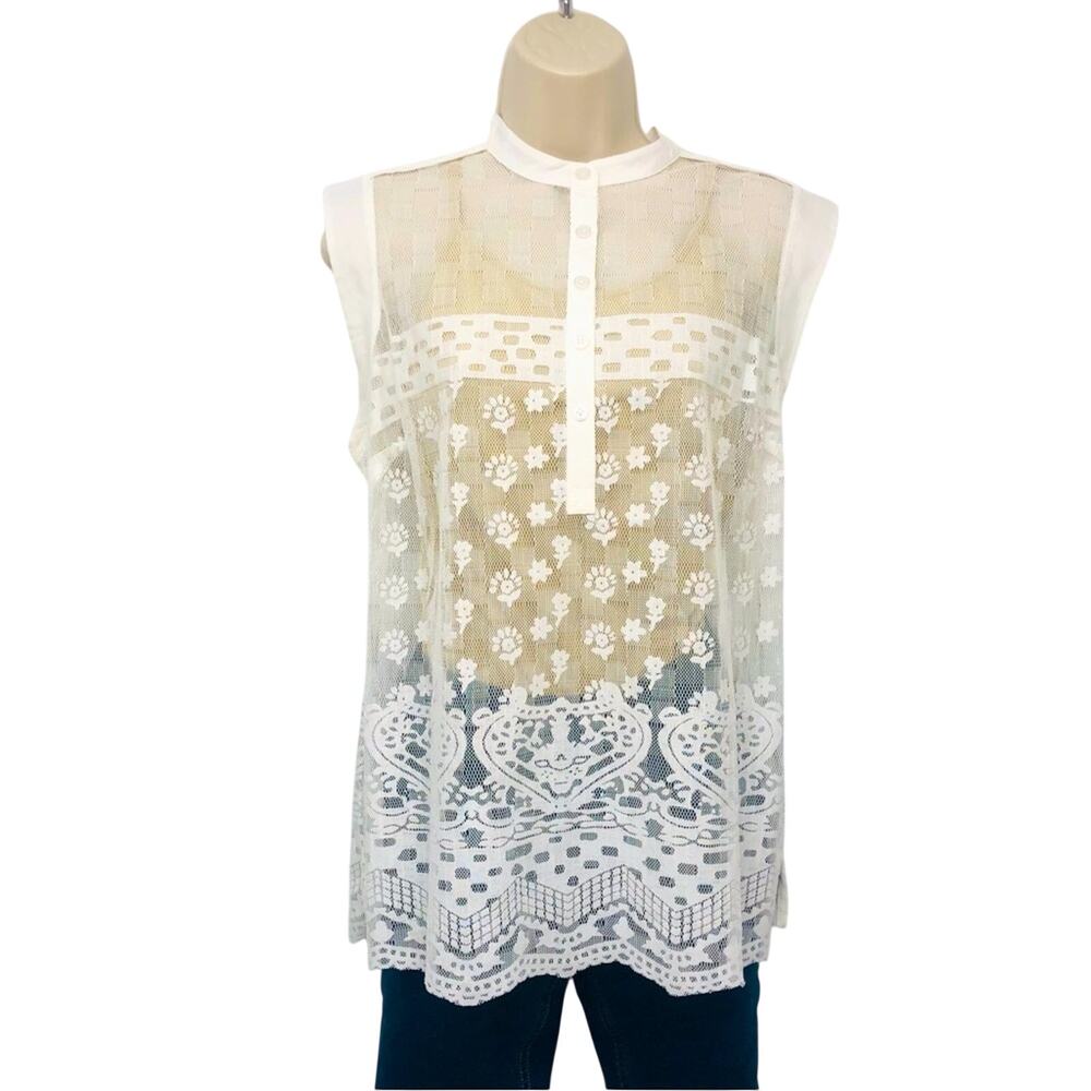 Cabi Prudence Ivory Lace Sleeveless Top Feminine Floral Lace Mandarin Collar